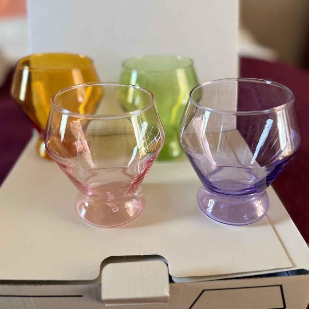 New! Set of 4 Millennium Stemless Glasses in Saffron, Blush, Lilac, and Verde